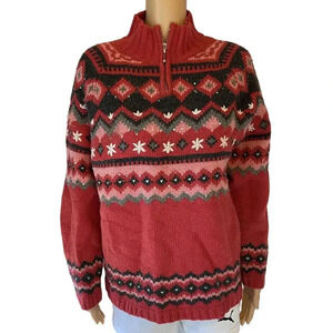 Fair Isle Wool Knit Sweater Cottagecore Holiday 1/4 Zip Lady L Pullover VTG PBJ